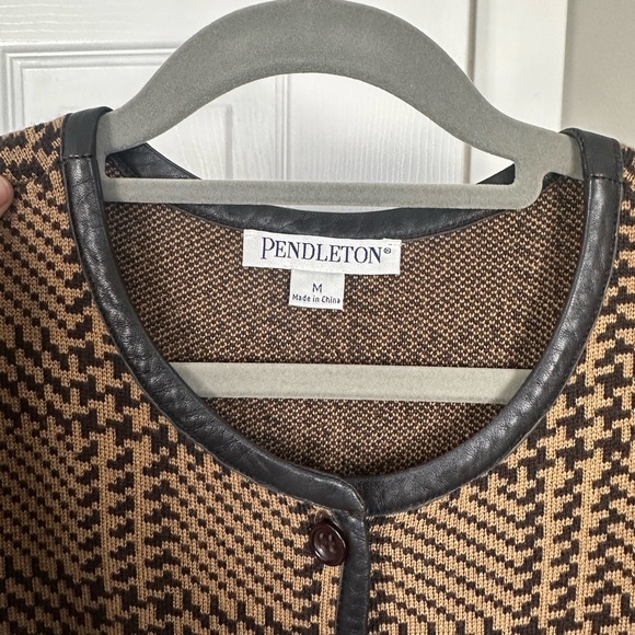 Pendleton 100% Merino Wool Leather Trim Plaid Cardigan Sweater Top - Picture 5 of 8